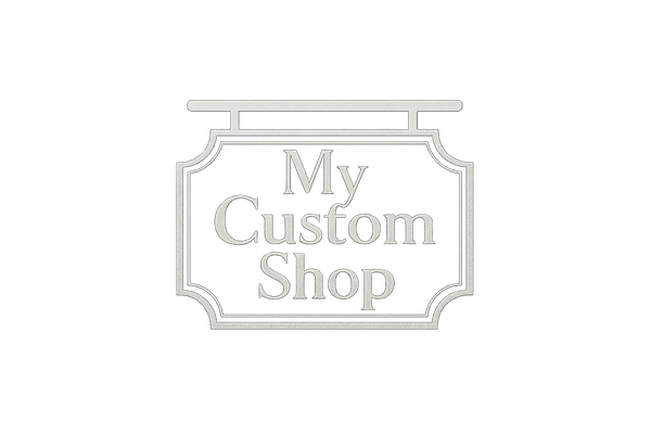 logo should contain a sign with text 'My Custom Shop' all in white colour